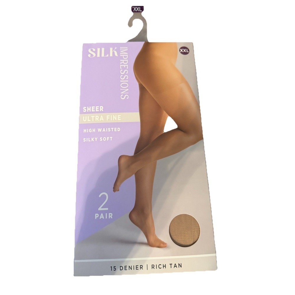 2 Pair Silk Impressions XXL Silky Soft Sheer Rich Tan 15‎ Denier Pantyhose Fine